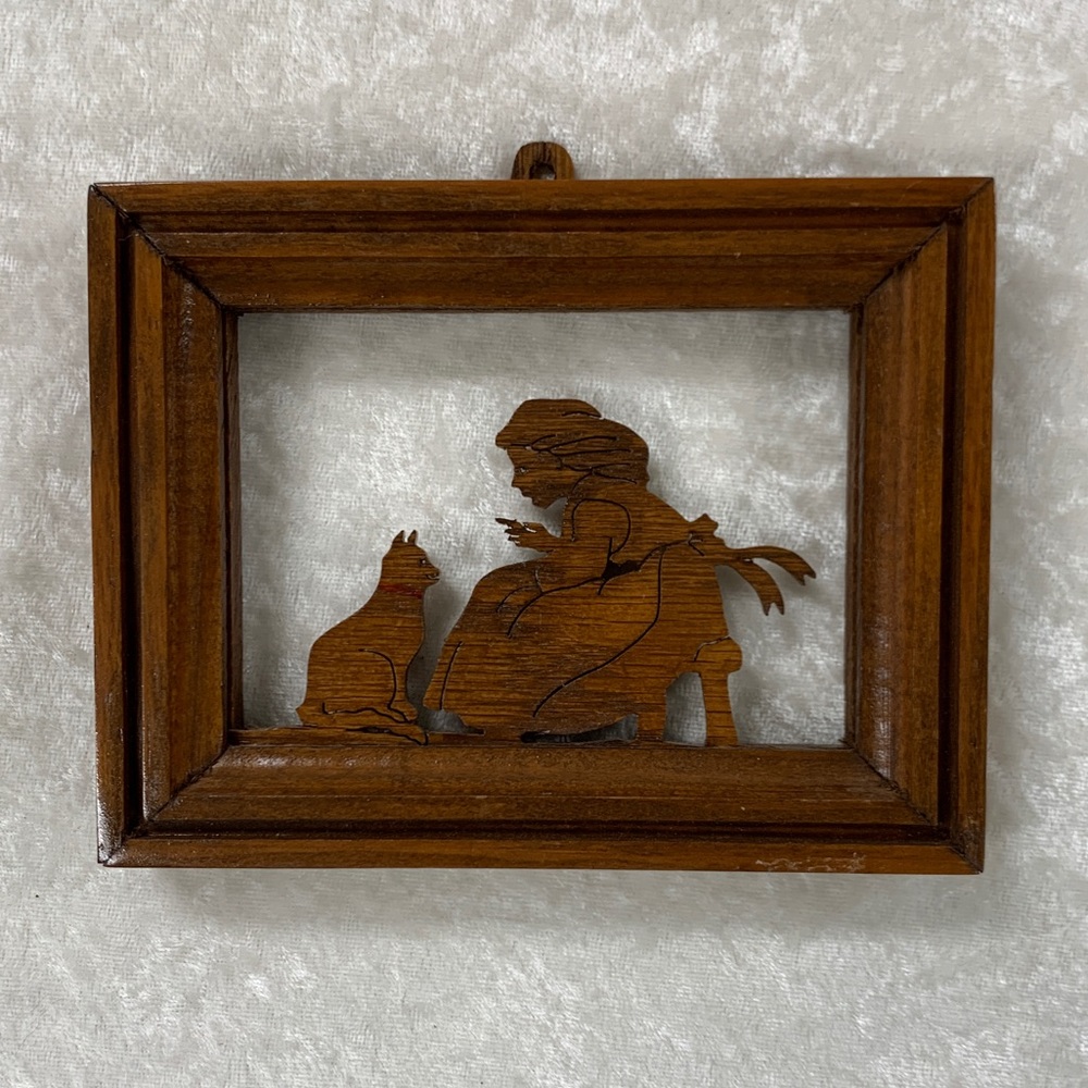 ! Vintage Handcrafted Wood Wall Art Showing Old Fashioned Girl and Cat